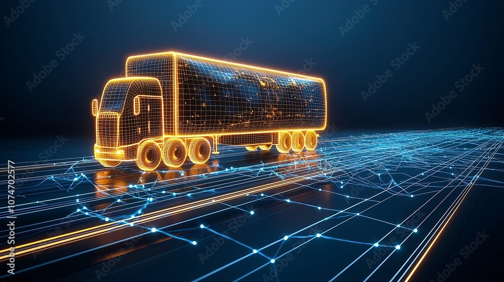 Aufkleber abstract digital artwork depicting an illuminated semi trailer truck made from glowing lines and poi