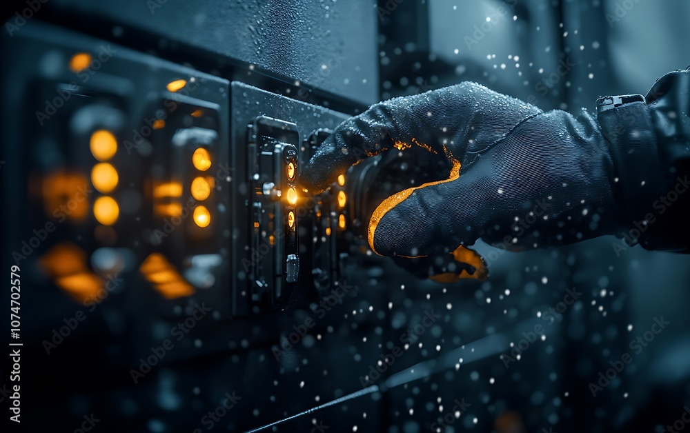 Aufkleber a hand in a glove adjusts a control panel, illuminated by orange lights, with droplets of water addi