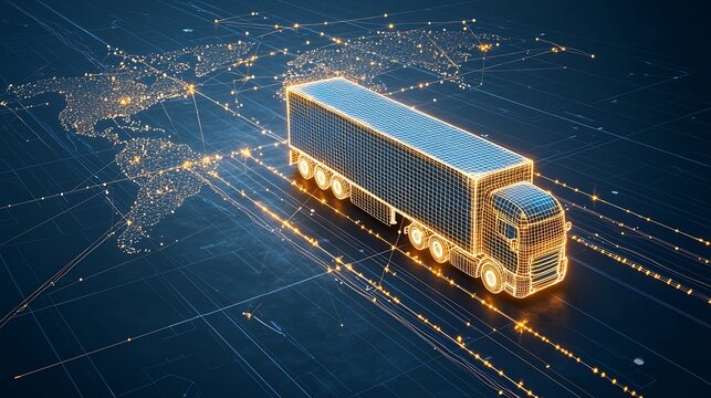Mesmerizing abstract digital artwork depicting an illuminated semi trailer truck traversing a global network grid against a dark blue backdrop - Powered by Adobe
