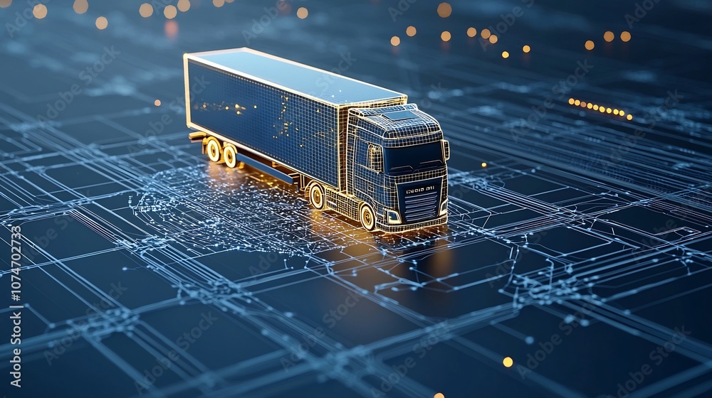 Aufkleber Glowing Semi Trailer Truck Soaring Above Global AI Driven Trade Network Showcasing the Transformative Impact of Generative on International Logistics and Commerce