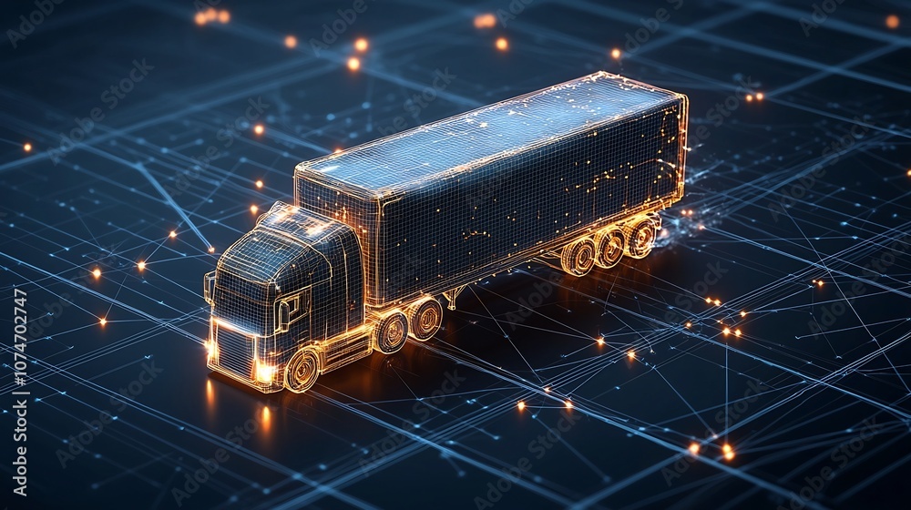 Aufkleber a digital depiction of a semi trailer truck made from glowing lines and points driving across a dark