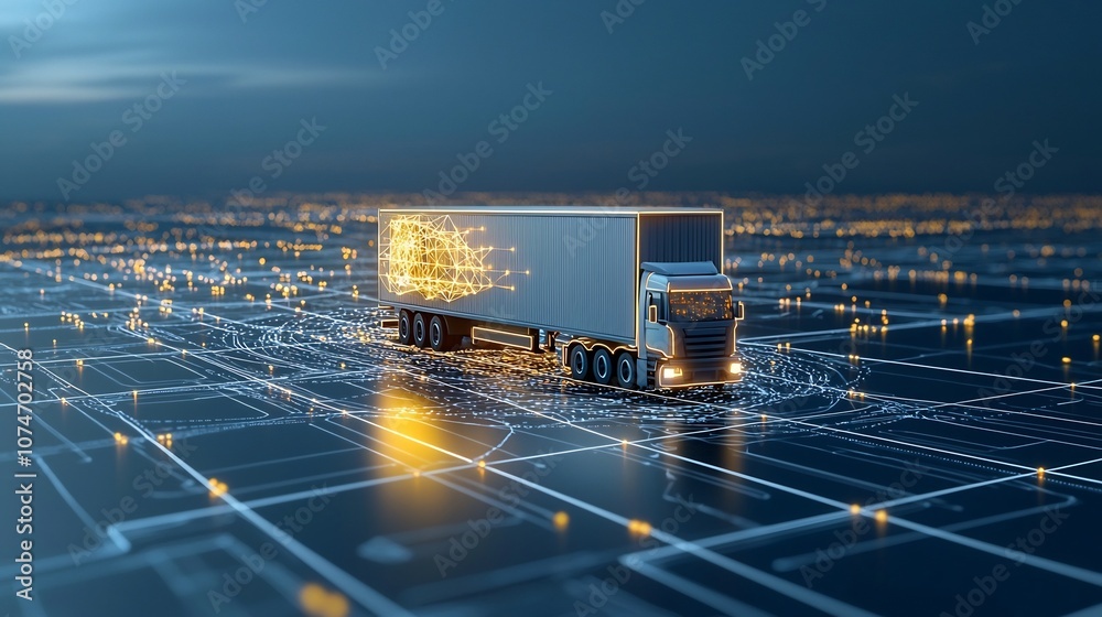 Fototapete digital artwork depicting a glowing semi trailer truck soaring above a global network grid symbolizi