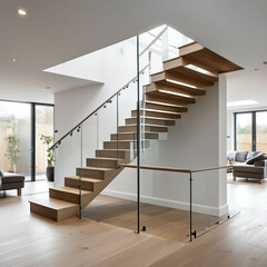 A staircase with a glass balustrade and floating wooden steps, offering a clean, modern look with an open, airy feel.
