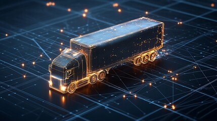 A digital depiction of a semi trailer truck made from glowing lines and points driving across a dark blue network grid showcasing global logistics powered by generative technology