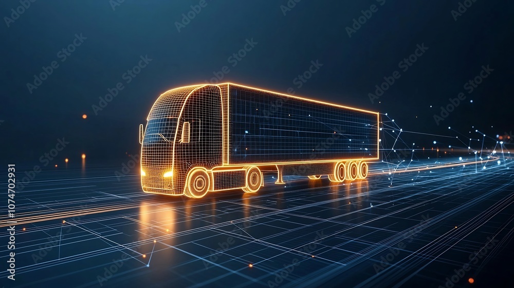Poster illuminated semi trailer truck made of light lines driving across a global grid network at night sym
