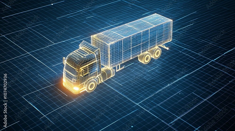 Poster Illuminated truck crafted from bright lines delivering goods across a worldwide network at night floating above a blue grid background driven by generative technology
