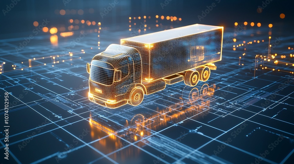 Poster Futuristic illuminated delivery truck crafted from bright lines transporting goods across a worldwide digital network floating above a glowing blue grid background powered by generative technology