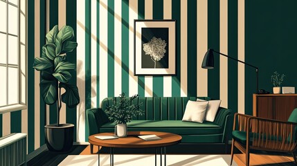 Stylish green living room with striped walls and modern decor