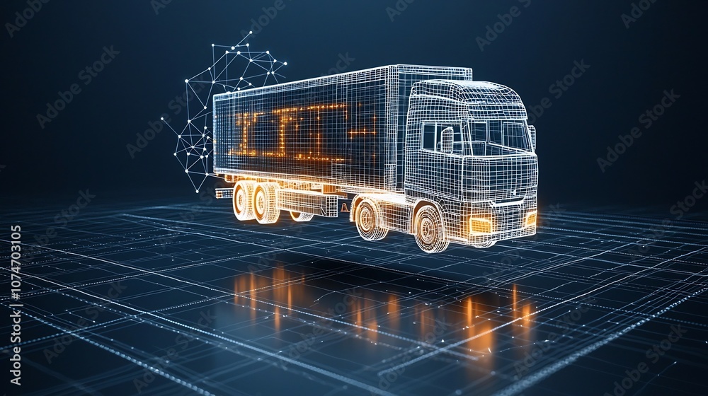 Fototapete futuristic semi trailer truck made from light points and lines symbolizing the global connectivity i