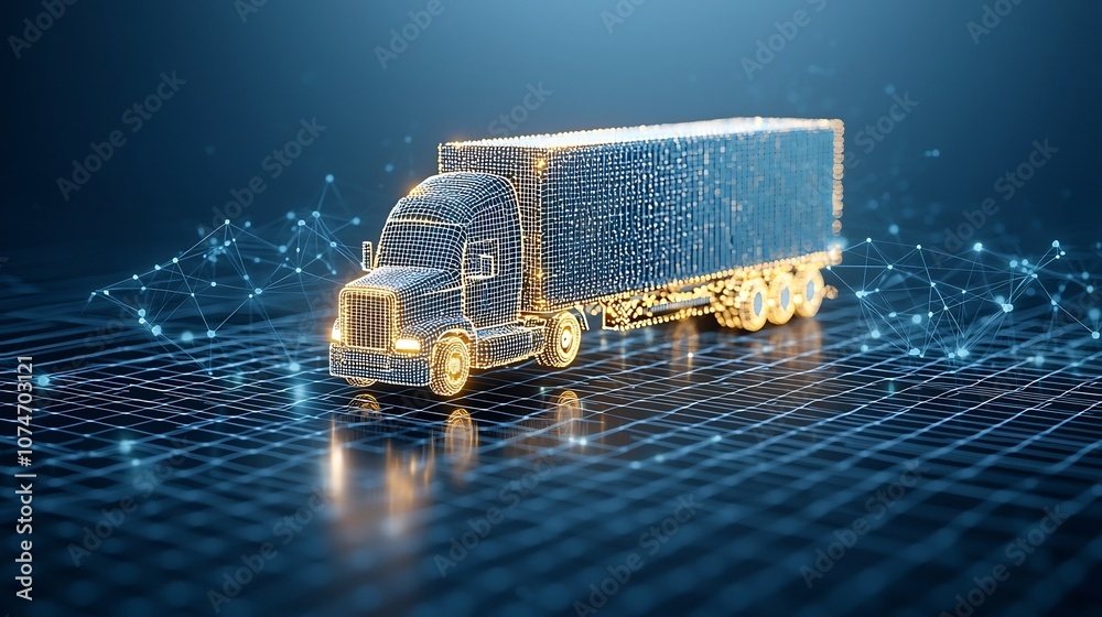Aufkleber Digital representation of an illuminated semi trailer truck made of luminous points floating over a connected network grid on a deep blue background