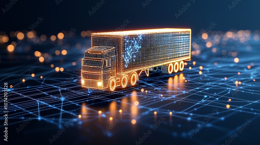 Aufkleber a digital representation of an illuminated semi trailer truck made of luminous points floating over 