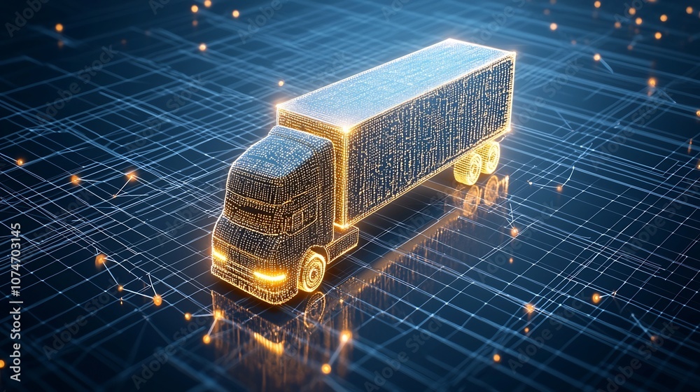 Poster a digital representation of an illuminated semi trailer truck made of luminous points floating over 