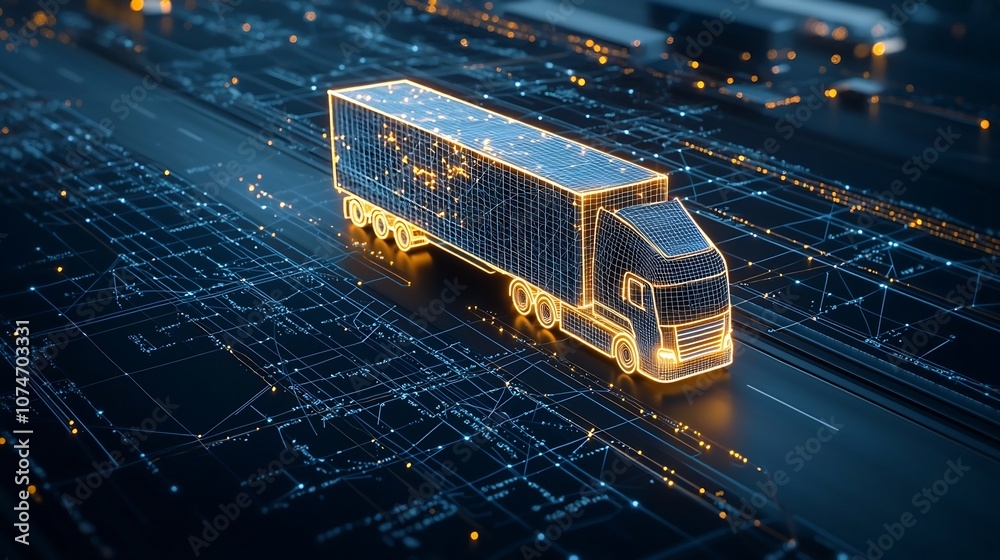 Poster an abstract semi trailer truck formed from glowing lines driving at night above a dark blue network 