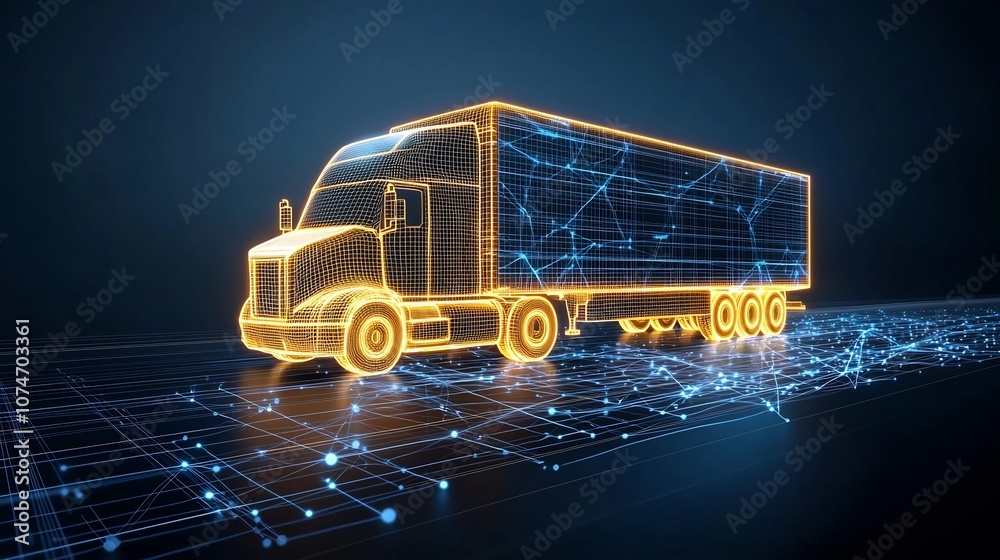 Aufkleber an abstract semi trailer truck formed from glowing lines driving at night above a dark blue network 