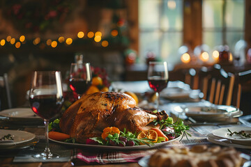selective focus of table served with delicious turkey and vegetables for thanksgiving dinner