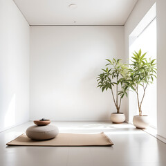 Minimalist Zen Meditation Room – A small room with a low cushion, a single potted plant, and natural light streaming in, designed for meditation and relaxation on a white background.