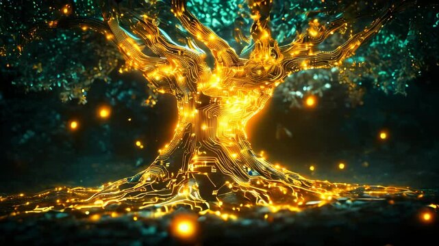 A stylized glowing tree with intricate electronic circuit patterns