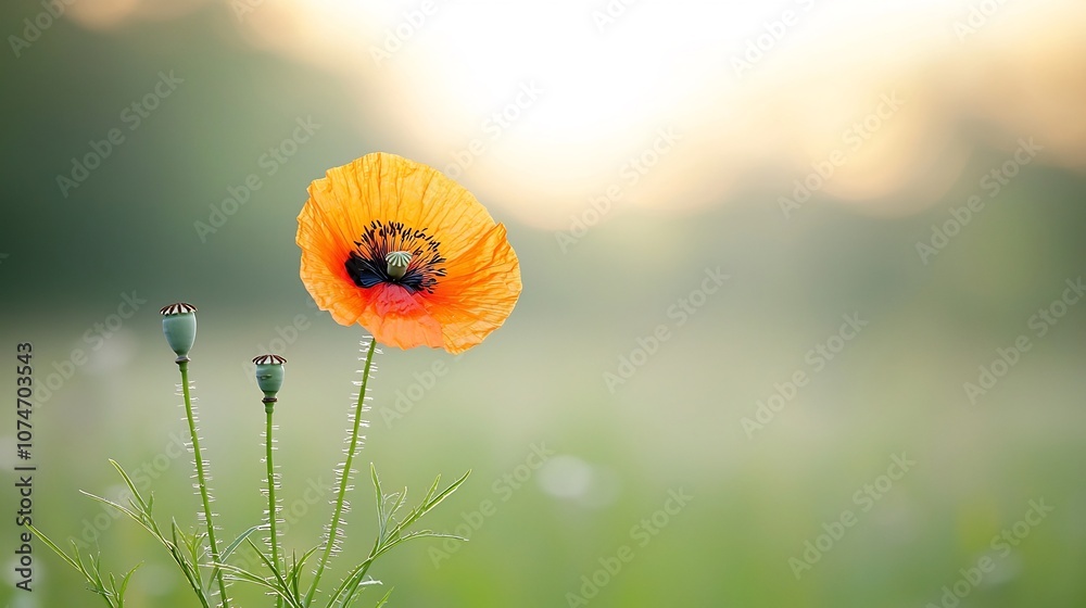 Poster Detailed close up of a blooming poppy flower with vibrant colors and fine details of its stamens set against a backdrop of gentle bokeh light flares creating a serene and captivating scene