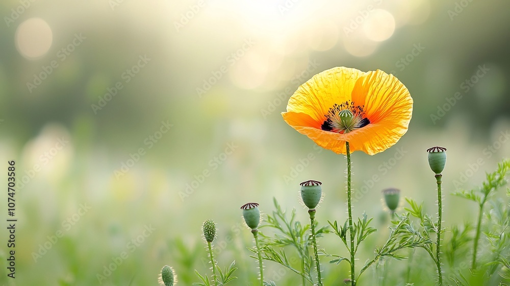 Poster detailed close up of a blooming poppy flower with vibrant colors and fine details of its stamens set