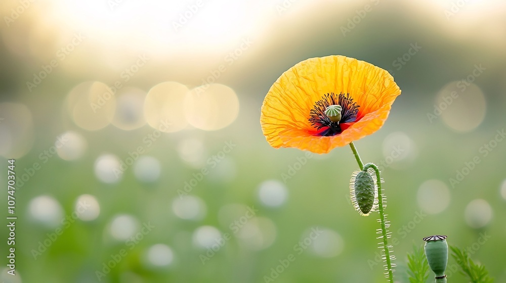 Poster close up macro shot of a vibrant poppy flower with detailed petals and stamens illuminated by beauti