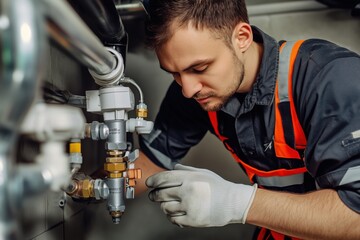 Naklejka premium A professional plumber performs a thorough routine maintenance check on a residential home's plumbing system. The plumber tightens the valve, checking pipes and connections in a clean basement.