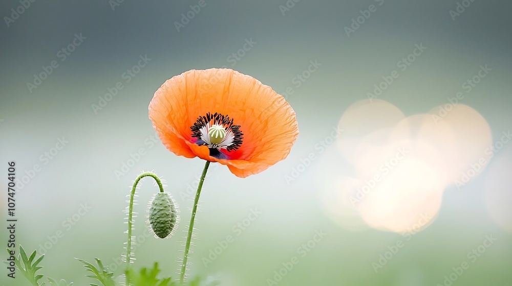Poster Mesmerizing close up macro photograph of a delicate poppy flower showcasing the vivid petals and captivating central stamens against a soft glowing bokeh background