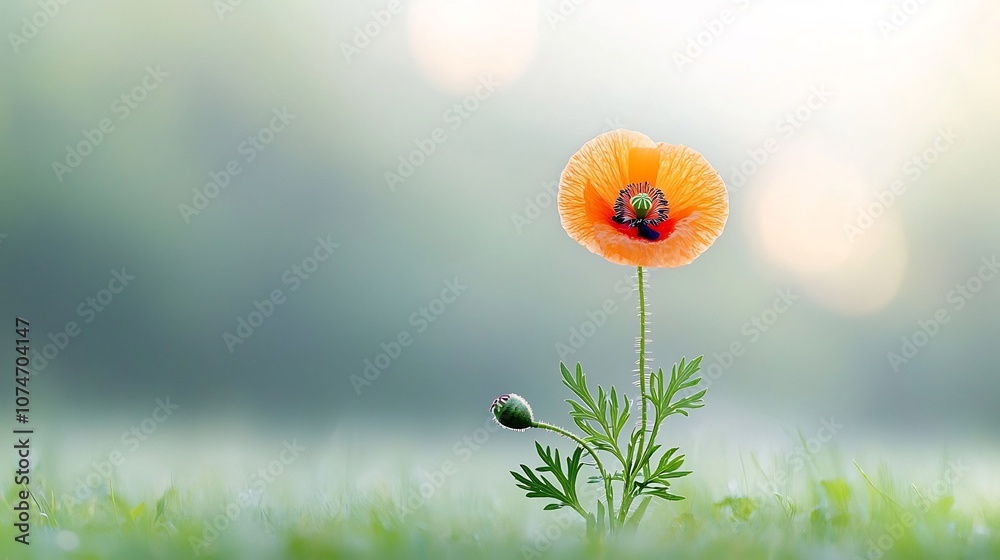 Poster macro close up of a delicate poppy flower focusing on the vivid crimson petals and intricate central