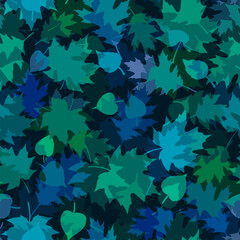 Multicolor layered falling leaves Dark green blue foliage botanical pattern Autumn nature concept design