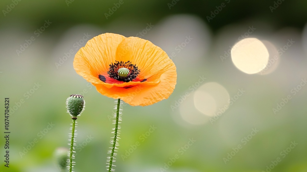 Aufkleber close up of a radiant poppy flower with intricate petal details and delicate stamens complemented by
