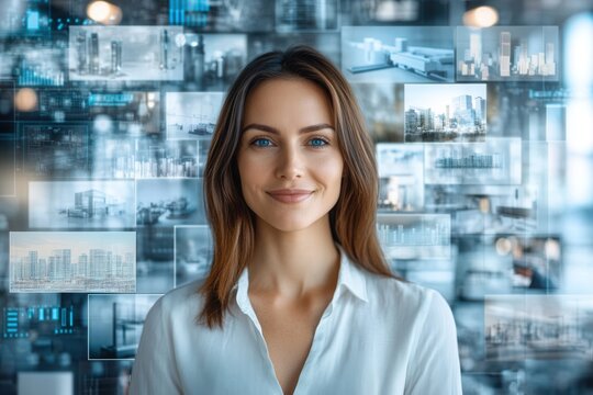Smiling young woman in front of a futuristic background filled with overlapping digital images and transparent data panels. The setting represents the integration of digital media and personal identit