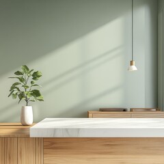 A white vase with a green plant in it sits on a wooden countertop