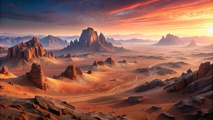 Naklejka premium Arid Landscape Bathed in the Golden Light of Sunset, Featuring Jagged Peaks and Rolling Sand Dunes