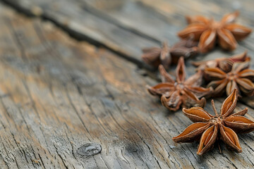 close up view of aromatic anise stars on wooden table