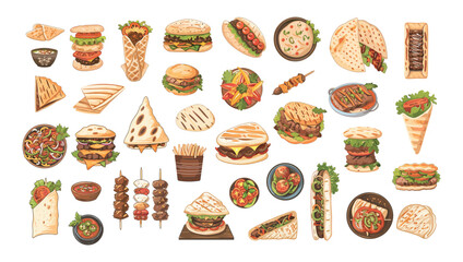 Doner kebab cartoon vector set. Chicken meat fast food arabian turkish sandwich, grilled beef vegetables hearty pita, street meal muslim burgers, isolated illustrations on white backdrop
