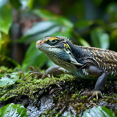 Obraz premium bay varnas Salvatore lizard closeup on moss varnas Salvatore lizard on moss