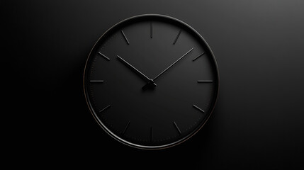 A minimalist black wall clock with sleek hour and minute hands on a dark background.