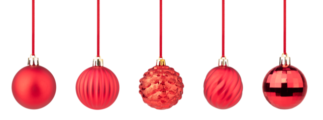 czerwona bombka PNG na przezroczystym tle, zestaw 5 bombek, ozdoba na choinkę, Święta Bożego Narodzenia, wesołych świąt, Zimowe dekoracje 