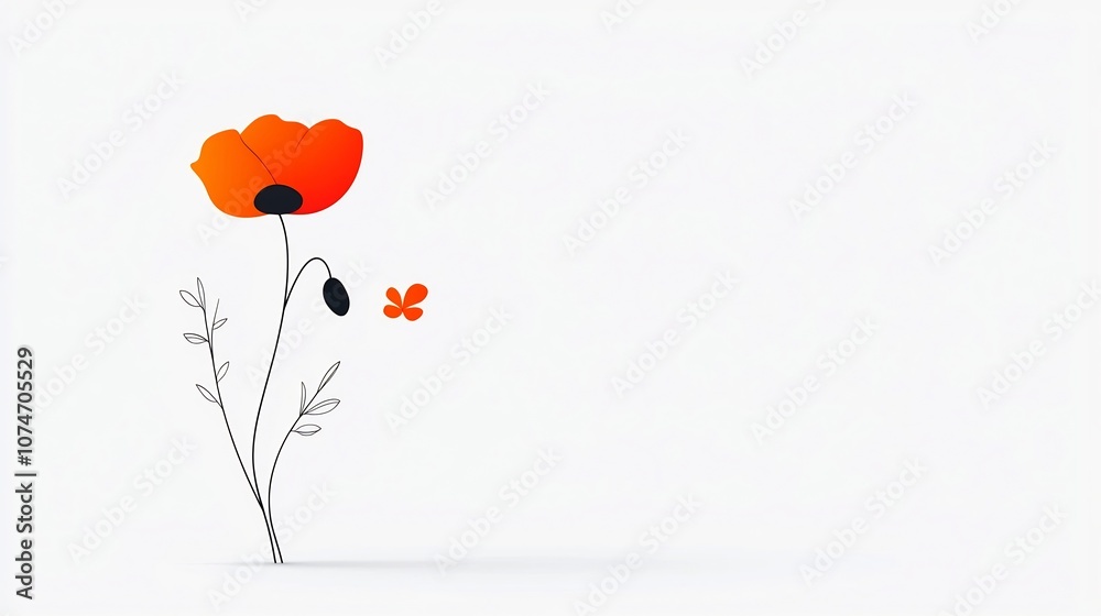 Aufkleber elegant and minimalist of a single poppy flower with clean lines flat colors and a sense of simplici