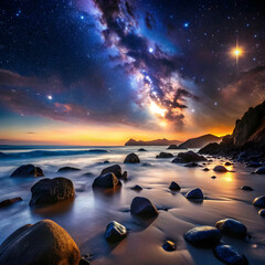 beach dark sunset landscape with rocks and stars