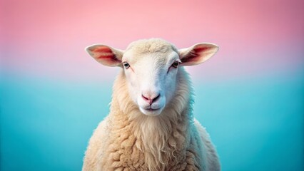 Fototapeta premium A Soft White Sheep Against a Pastel Pink and Blue Background, Capturing the Serenity of Nature with Gentle Hues and Textures for Relaxing Atmosphere