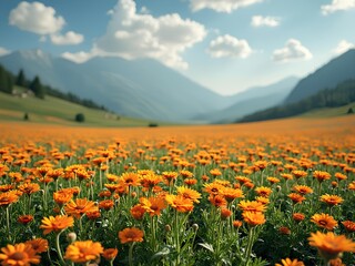 Sunflower field in the mountain area, nice weather, blue sky white cloud, spring