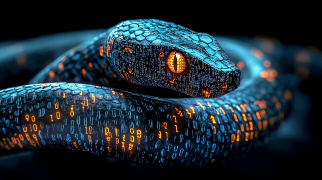 A snake covered in binary code represents Python programming, symbolizing coding and data manipulation.