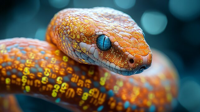 A snake covered in binary code represents Python programming, symbolizing coding and data manipulation.