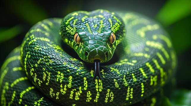 A snake covered in binary code represents Python programming, symbolizing coding and data manipulation.