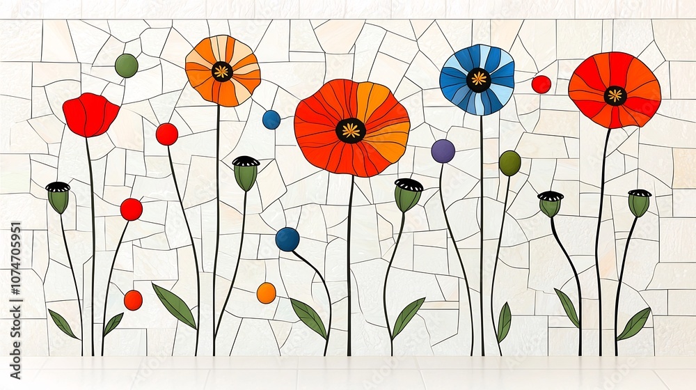 Poster striking and poppy flower featuring a unique stained glass effect bold outlines and vibrant rich col