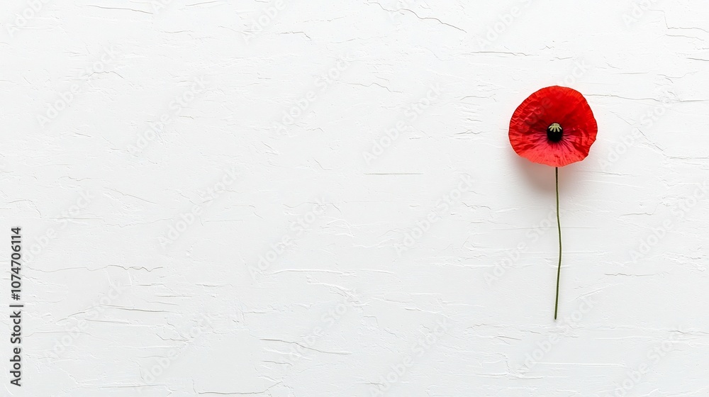 Poster a single solitary red poppy blossom placed elegantly on a pristine white background symbolizing reme