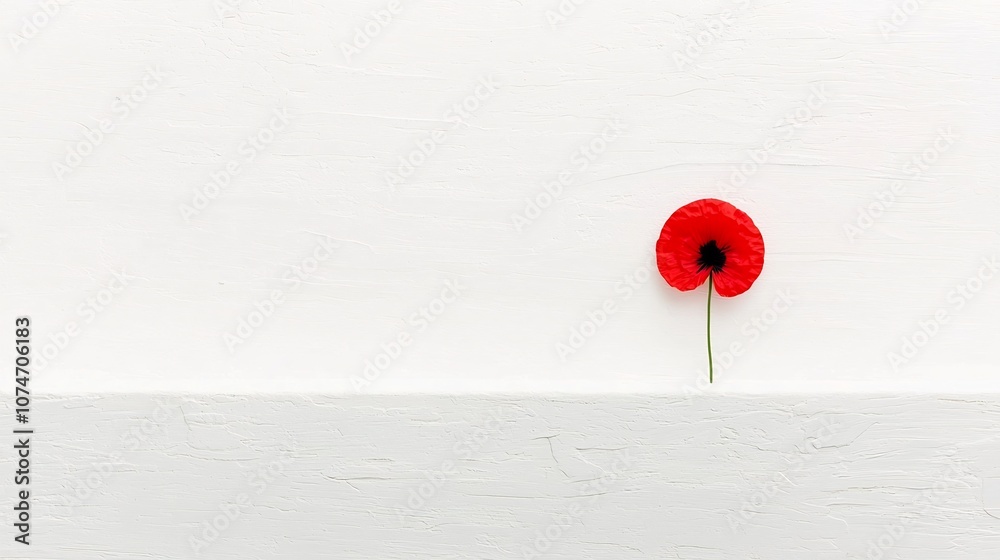 Poster a single vibrant red poppy placed delicately on a pure white background symbolizing reverence and re