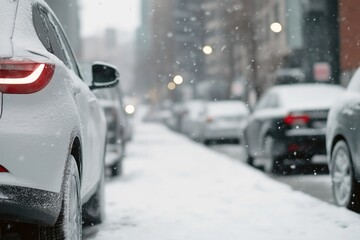 Naklejka premium City street in winter covered with fresh snow, featuring parked cars and light snowfall, with a blurred urban background.