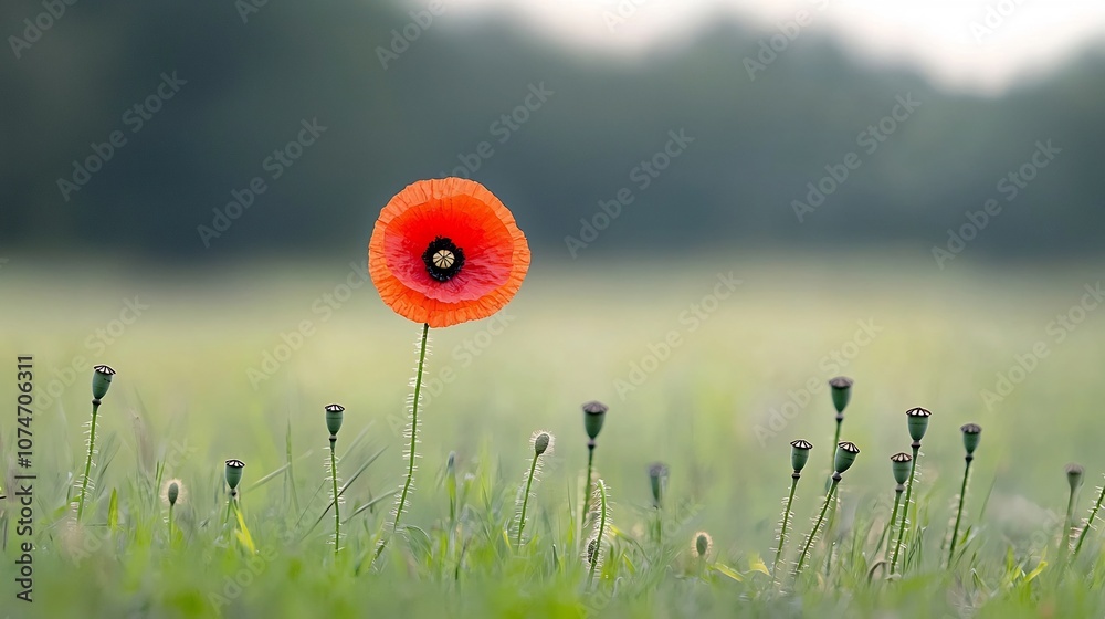 Poster Vibrant red poppy flower in full bloom with a blurred background symbolizing remembrance and honoring fallen heroes  The image conveys a sense of serenity contemplation