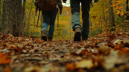 Exploring vibrant autumn trail, couple walks through fallen leaves